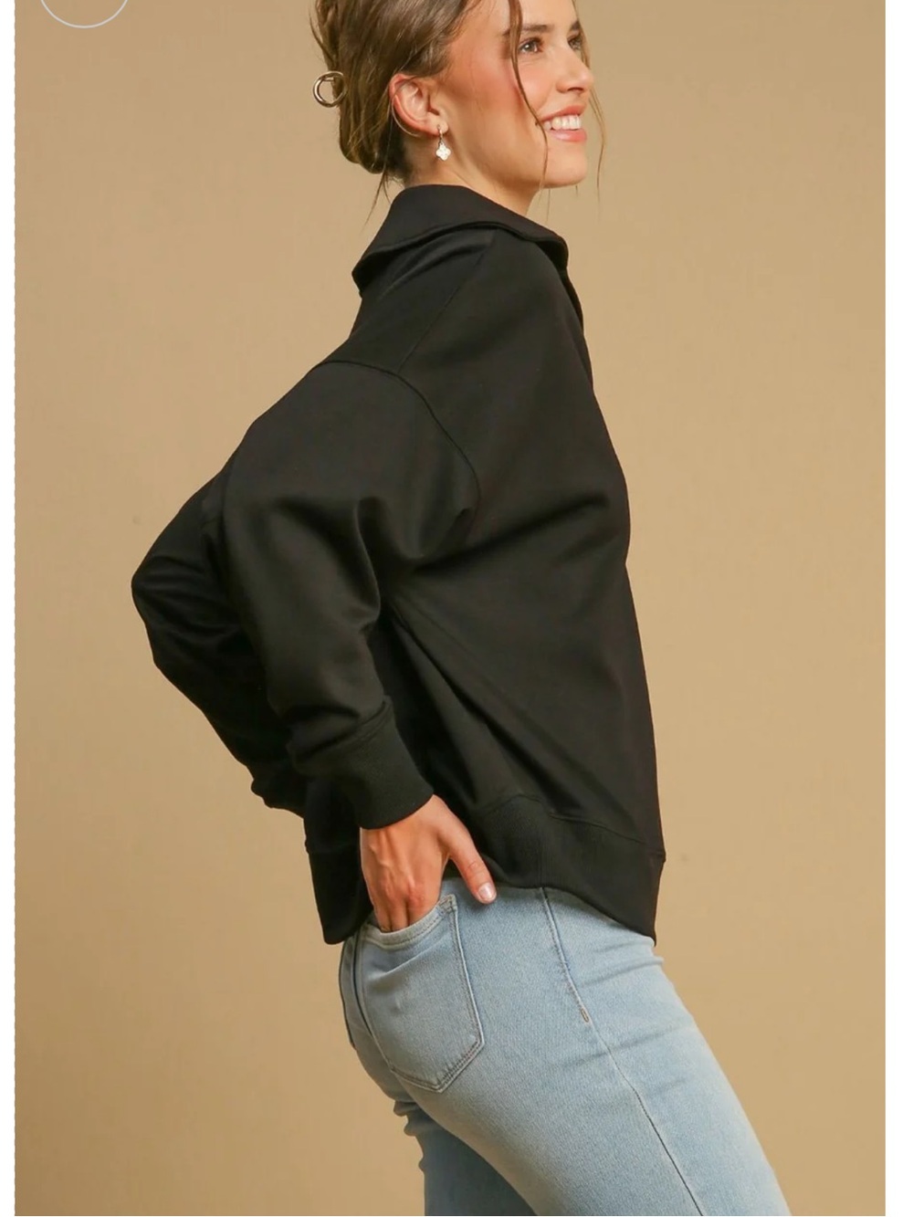 Umgee Johnny Collar Dropped Shoulder Sweatshirt Black Size Large - Picture 2 of 11